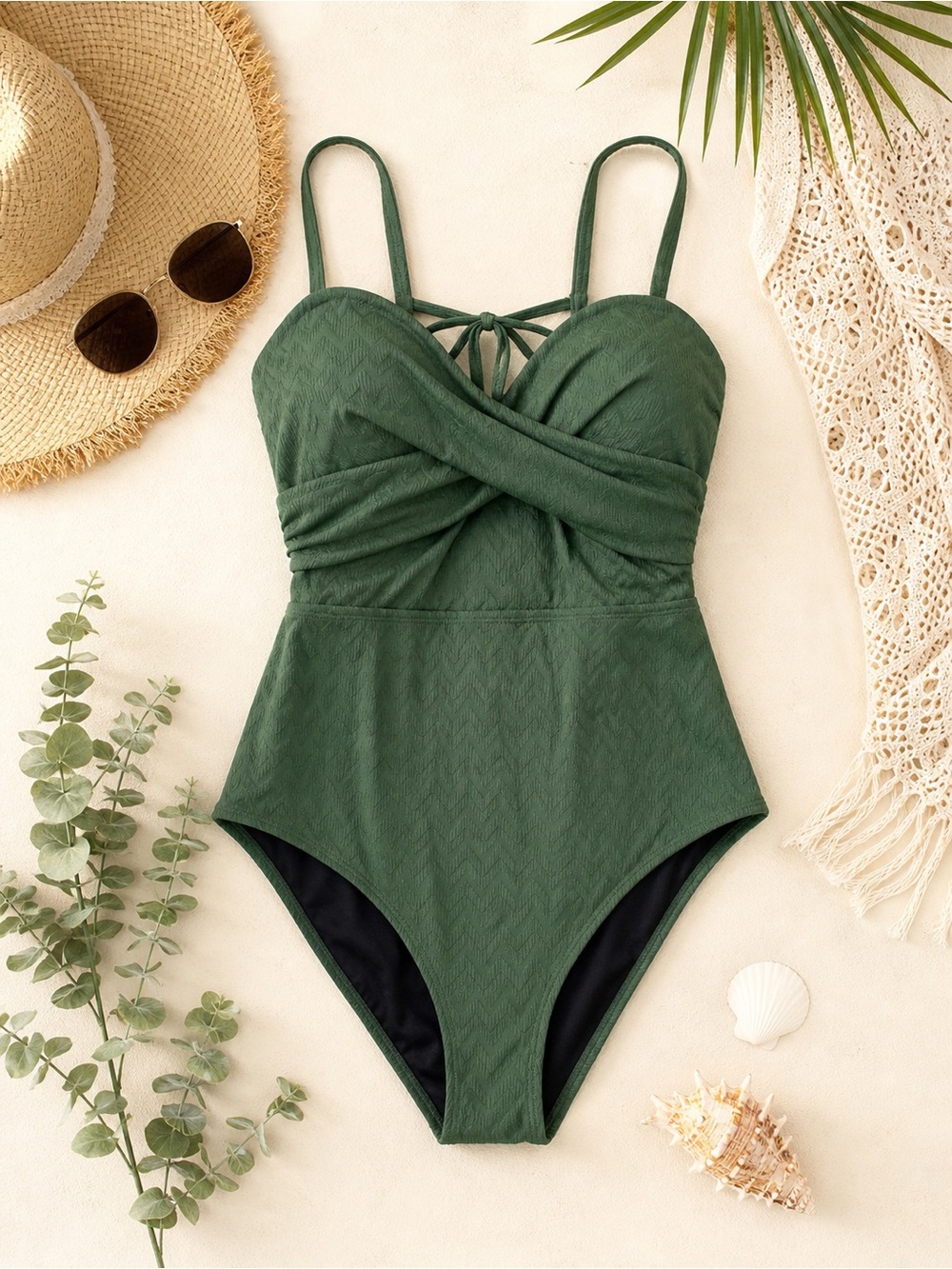 Cupshe Olive Green Textured One Piece Swimsuit XL Twist Front